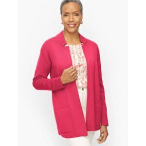 Talbots Women Red Pink Cotton/Modal Knit Notch Collar Open Knit Coatigan Size 0X